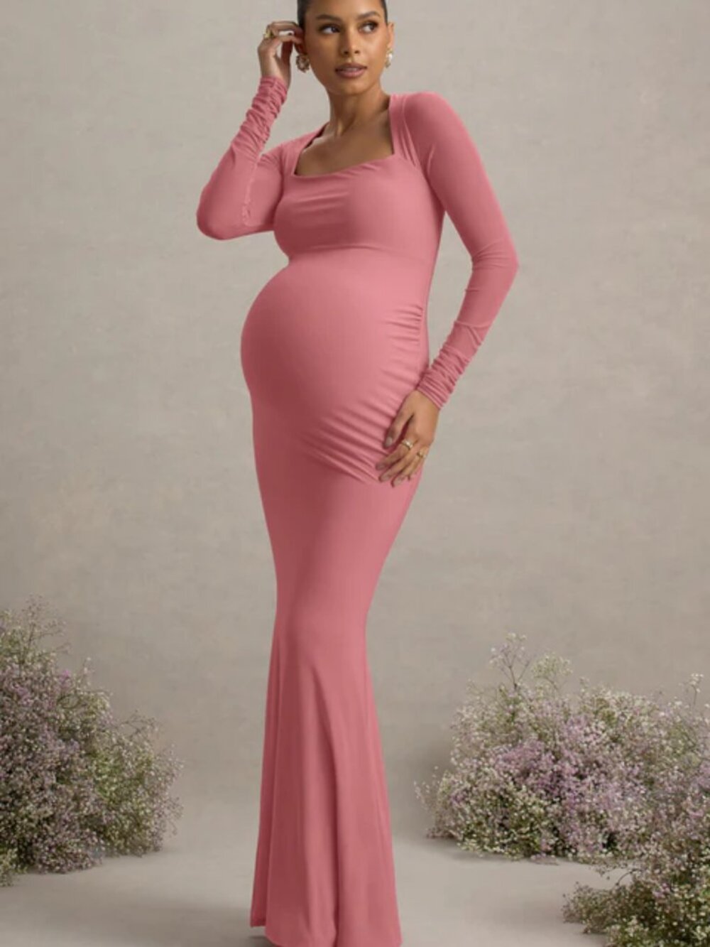 Club L London Abeam Blush Pink Maternity Sheer Sleeve Maxi Dress, size 6, NWT